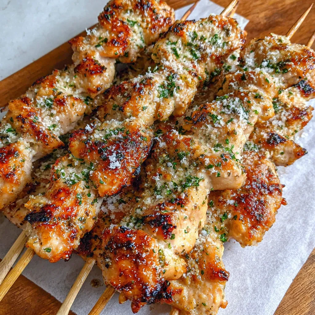 Eine Schüssel mit Hähnchen-Spießen, die mit Ranch-Knoblauch-Parmesan-Zutaten garniert sind.