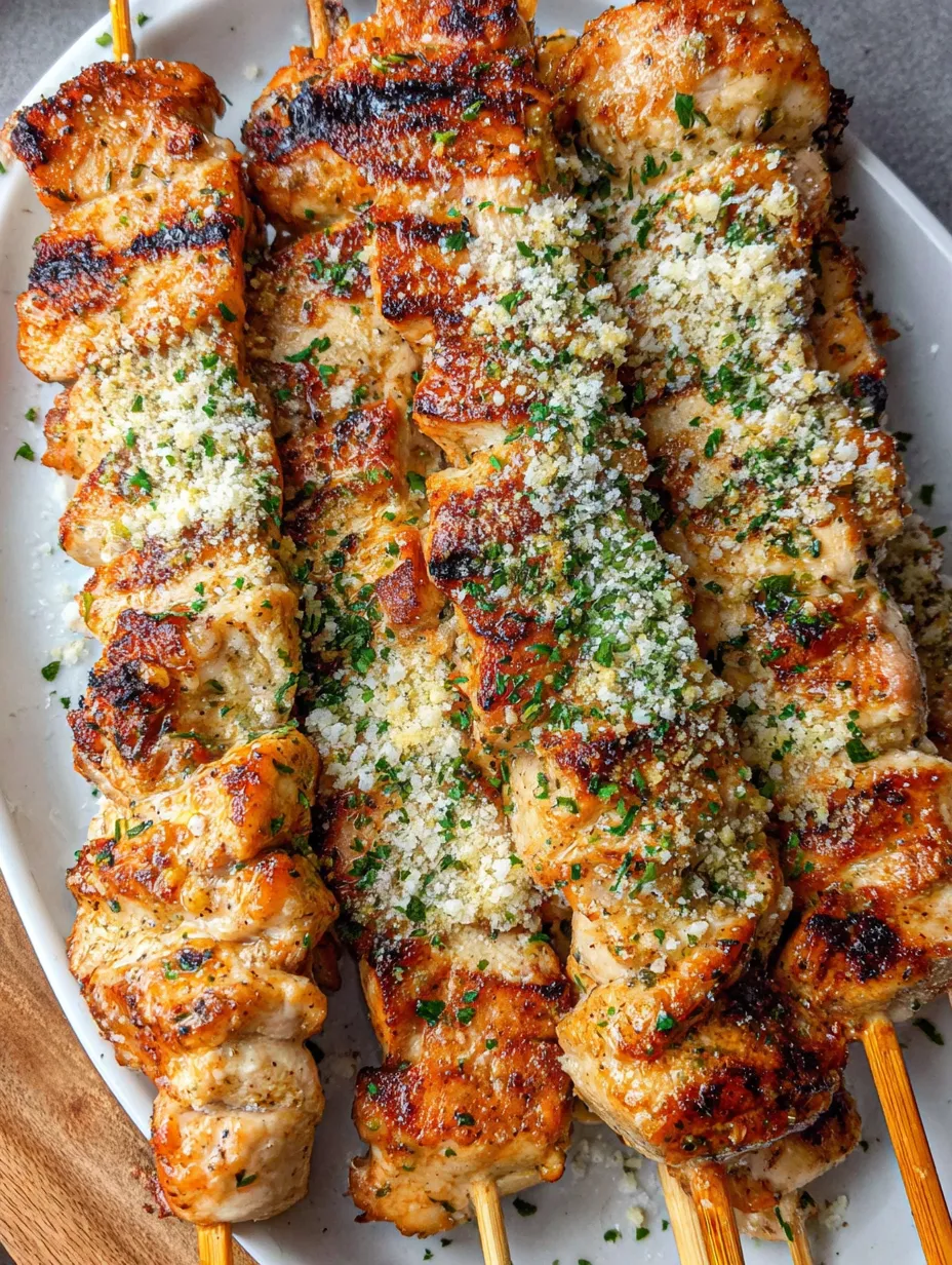 Eine Platte mit Hähnchen-Spießen, die mit Ranch-Knoblauch-Parmesan-Garniert sind.