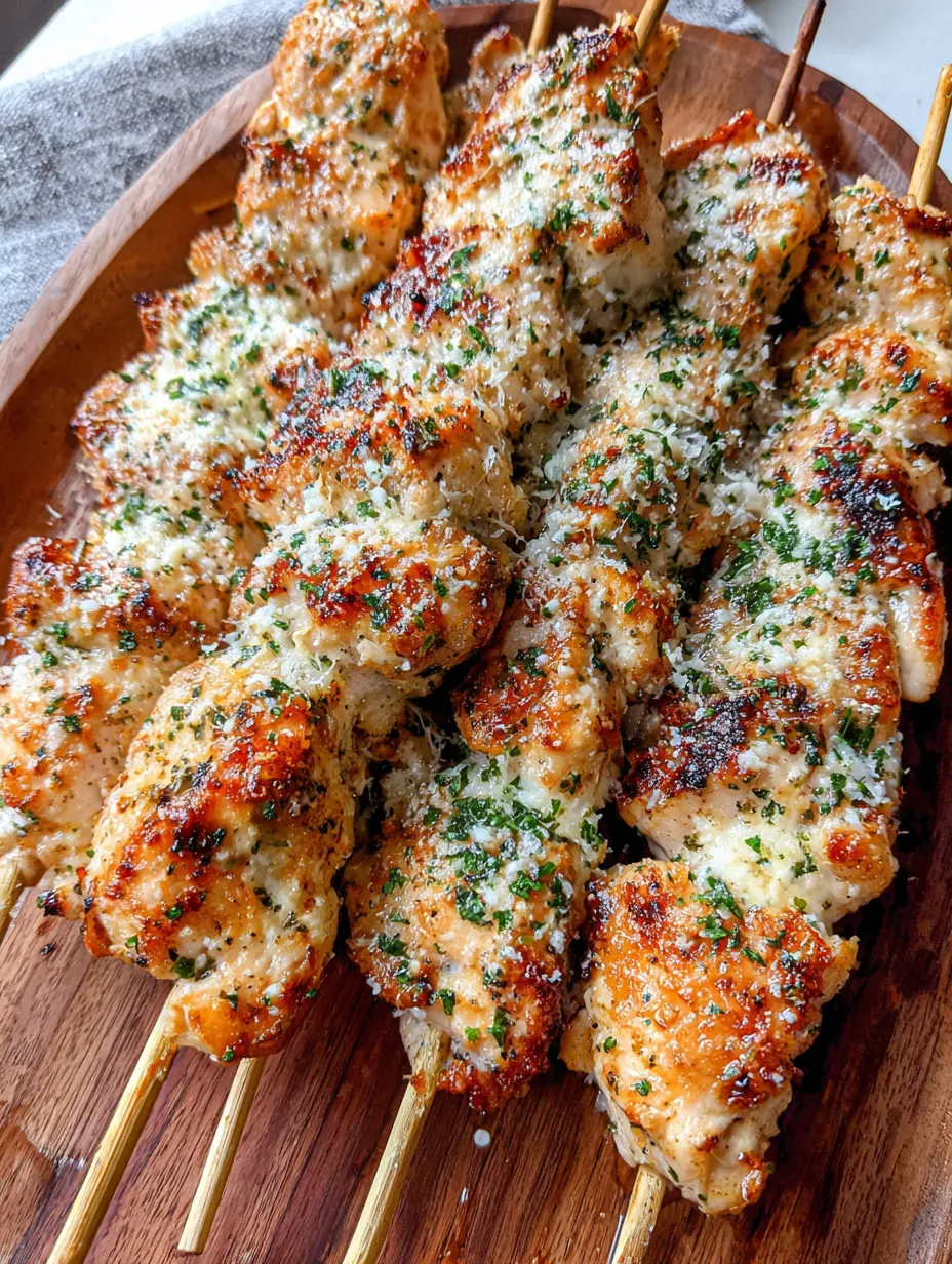 Eine Platte mit Hähnchen-Spießen, die mit Ranch-Knoblauch-Parmesan-Sauce garniert sind.