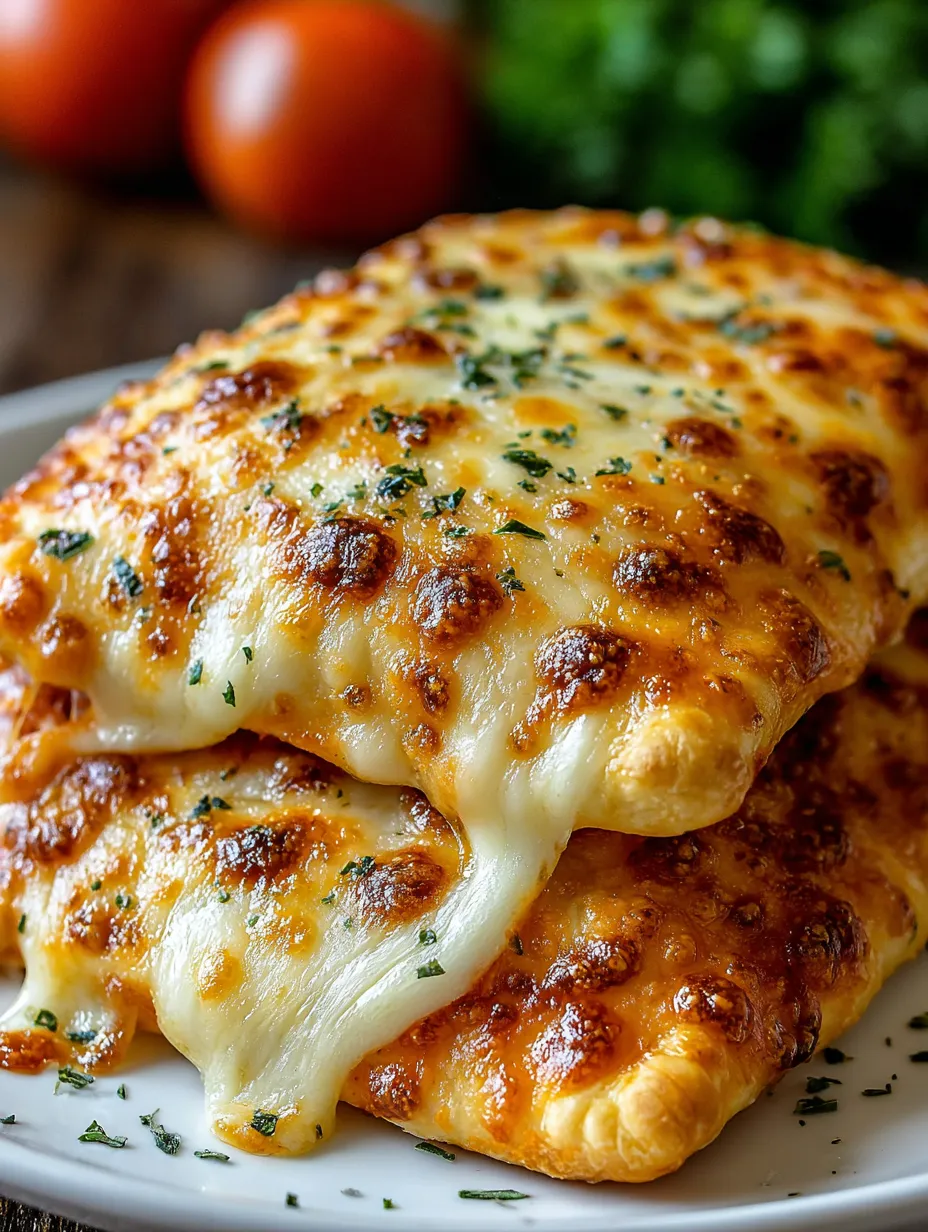 Eine Platte mit zwei einfachen Pizzataschen, die mit Käse und Zwiebeln garniert sind.
