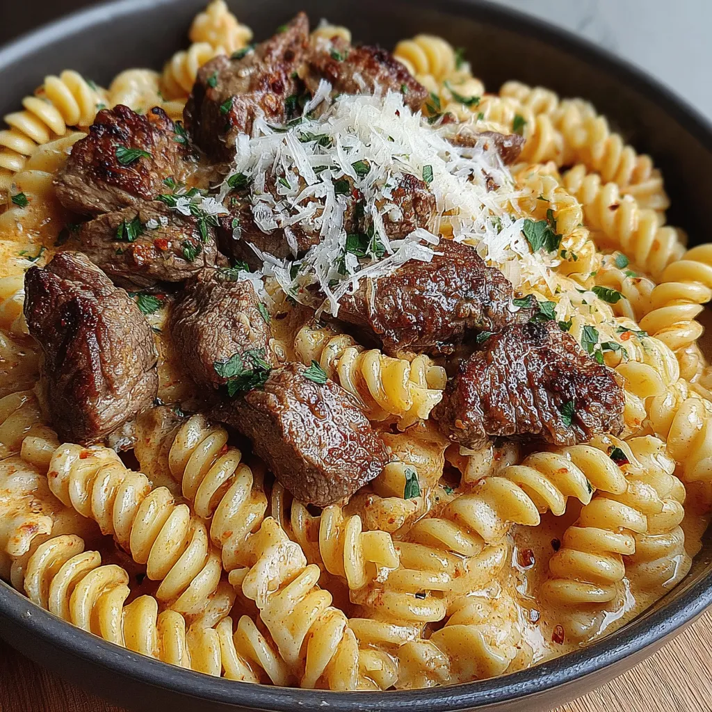 Ein Eintopf mit cremig-würzigem Knoblauchbutter-Steak und Pasta.