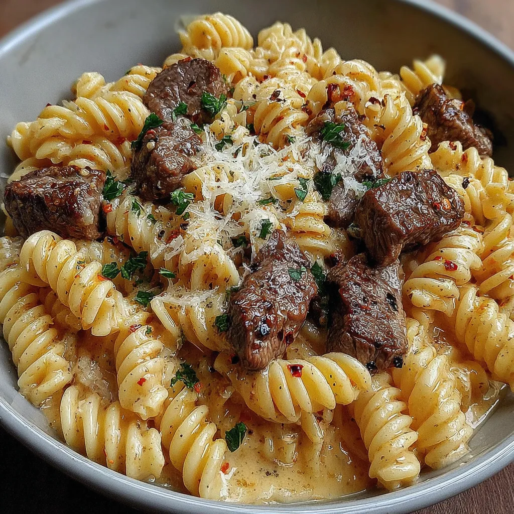Ein Eintopf mit cremig-würzigem Knoblauchbutter-Steak und Pasta.