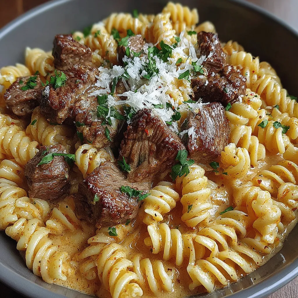 Ein Eintopf mit cremig-würzigem Knoblauchbutter-Steak und Pasta.