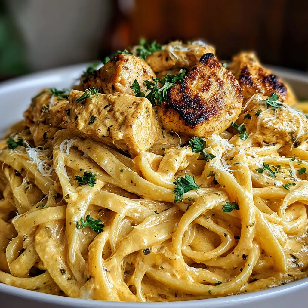 Ein Bild von einer Schüssel mit Cowboy Butter Chicken Linguine, die mit Parmesan und Zwiebeln garniert ist.