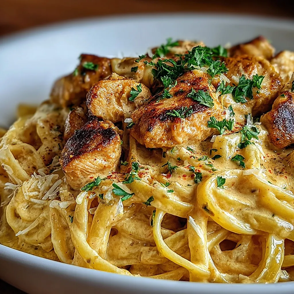 Ein Plate mit Pasta, Chicken und Zwiebeln.