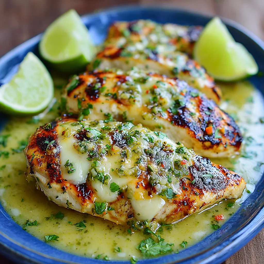 Ein Plate mit grilled Salsa Verde Pepper Jack Chicken.