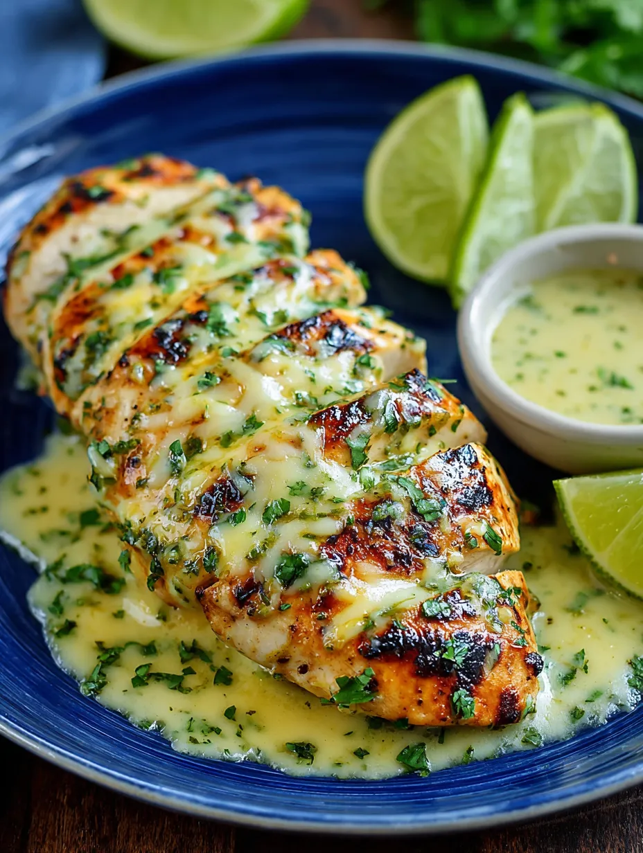 Ein Stück grilled Salsa Verde Pepper Jack Chicken auf einem blauen Teller.