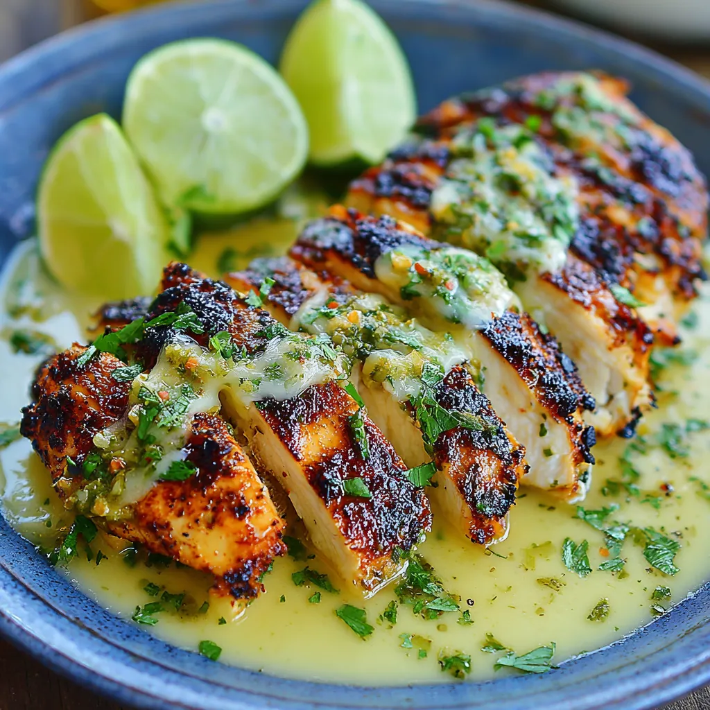 Ein Grilled Salsa Verde Pepper Jack Chicken auf einem Teller.