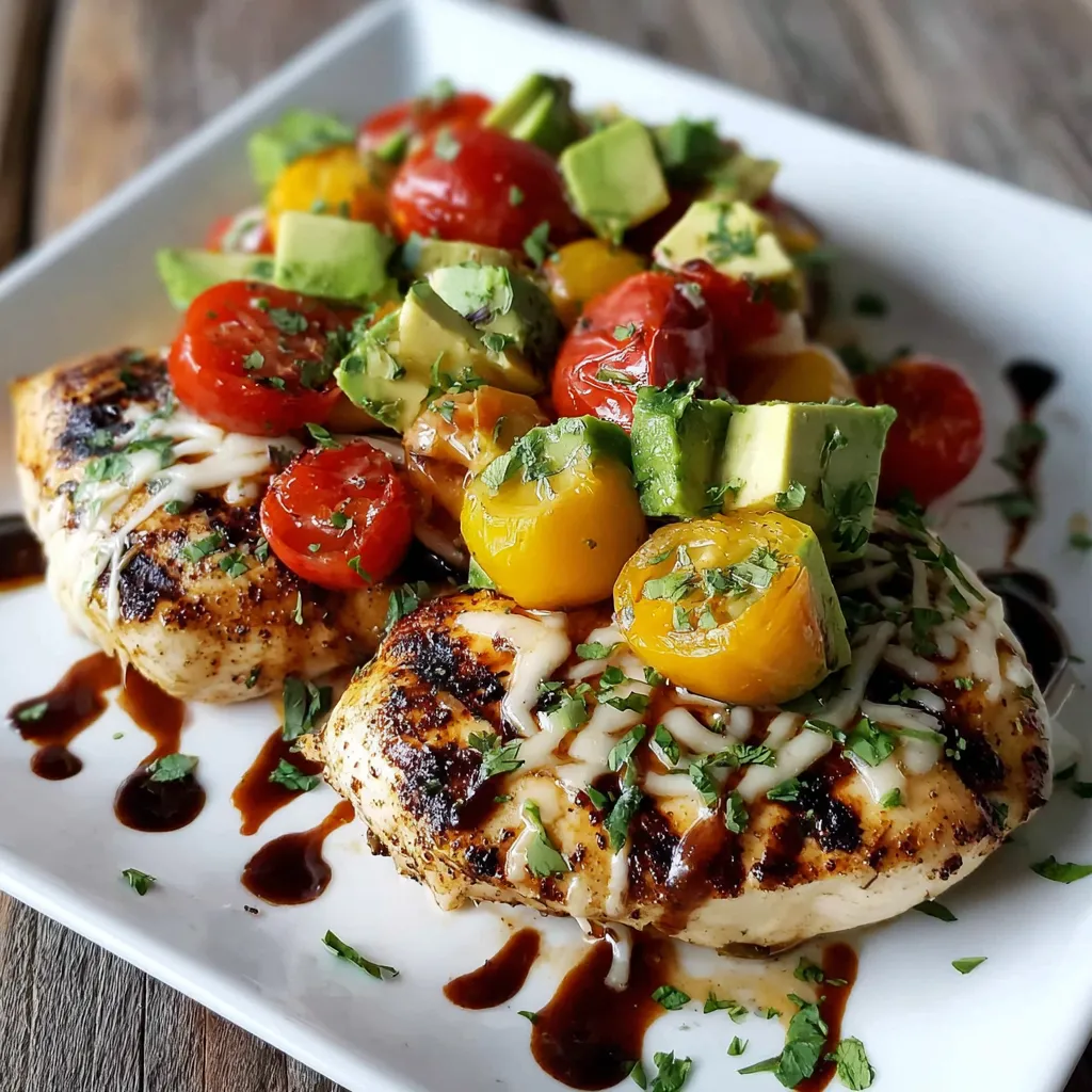 Ein weißer Teller mit gegrilltem Hähnchen, das mit Avocado und Tomaten garniert ist.