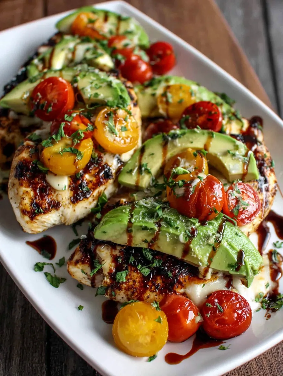 Ein weißer Teller mit gegrilltem Hähnchen, das mit Avocado und Tomaten garniert ist.