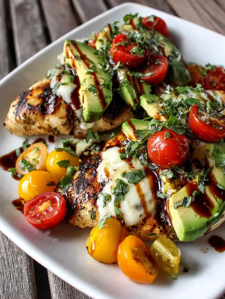 Ein weißer Teller mit gegrilltem Hähnchen, das mit Avocado und Tomaten garniert ist.