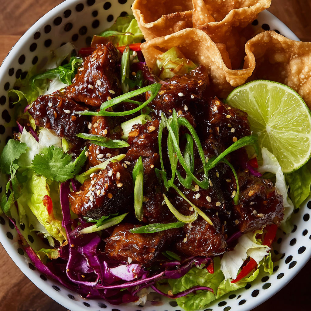 A bowl of food with meat, lettuce, and a lime wedge.