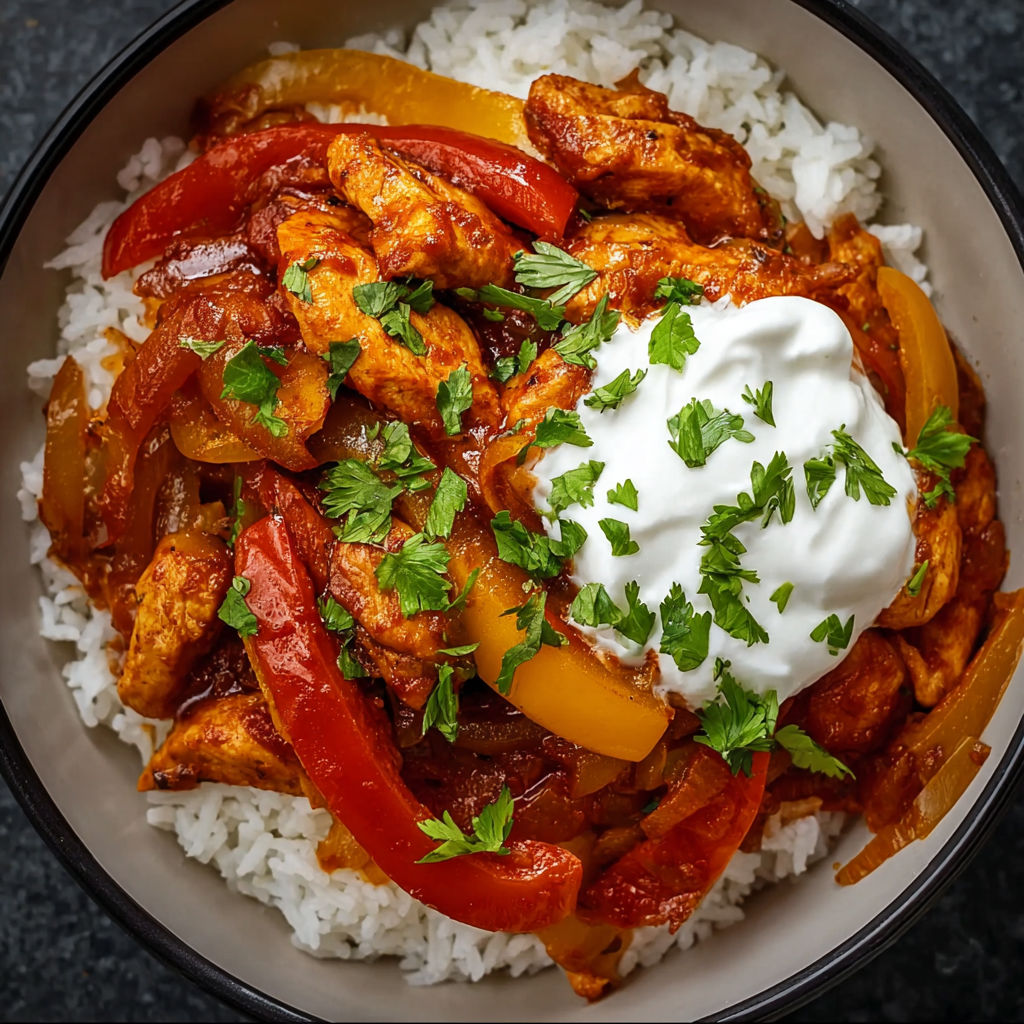 A bowl of Mexican chicken fajita with rice and peppers.