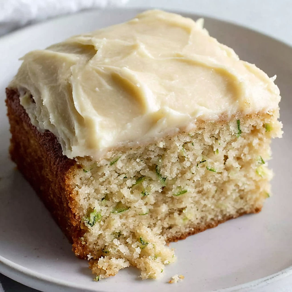 A slice of zucchini cake on a plate.