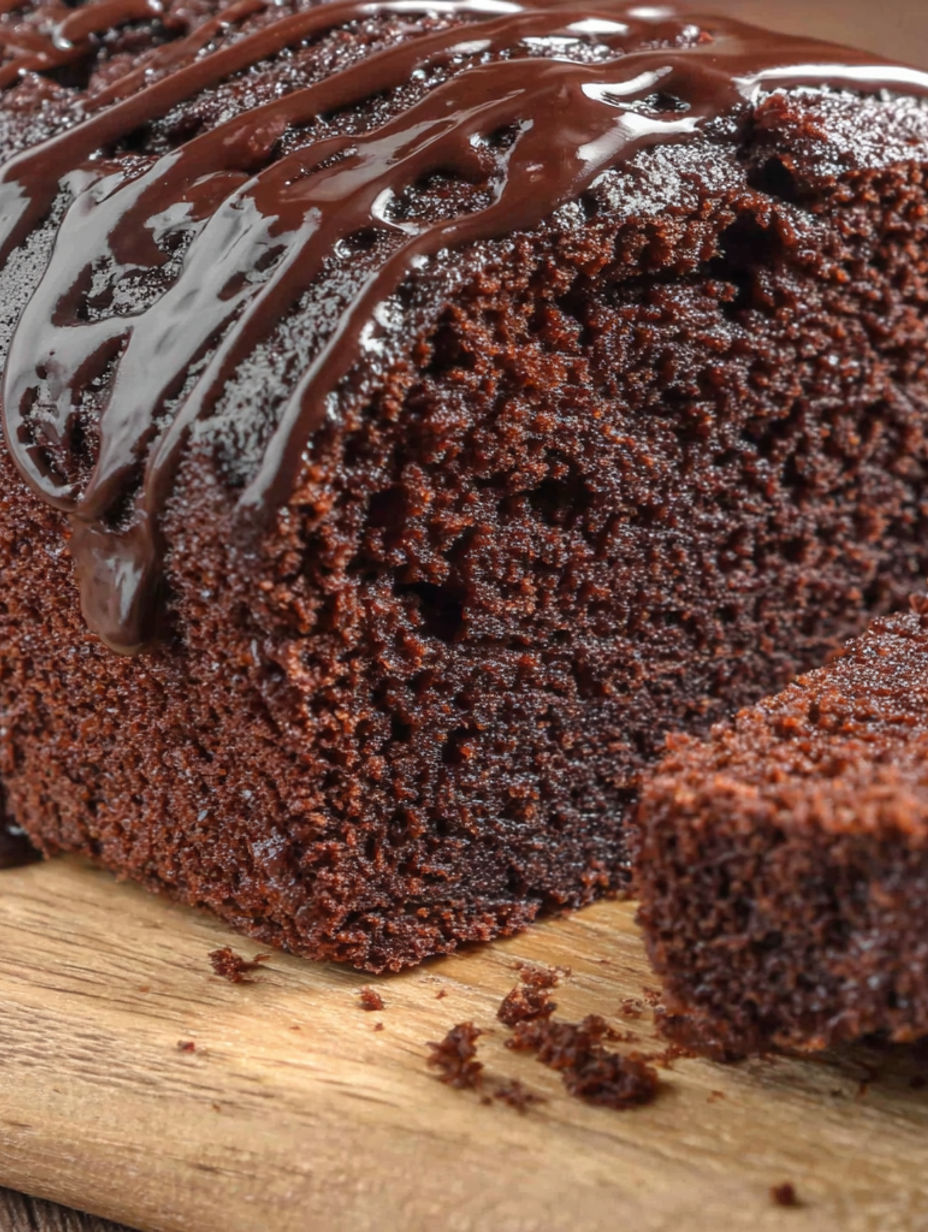 A slice of chocolate cake with chocolate drizzle.