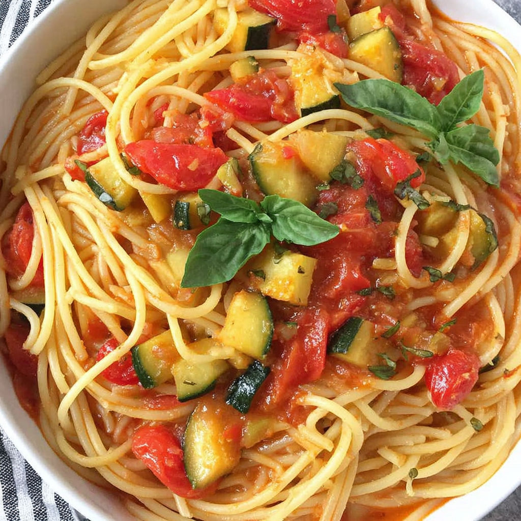A bowl of pasta with zucchini and tomatoes.