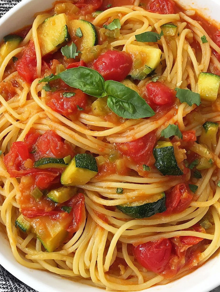 A bowl of spaghetti with tomatoes and zucchini.