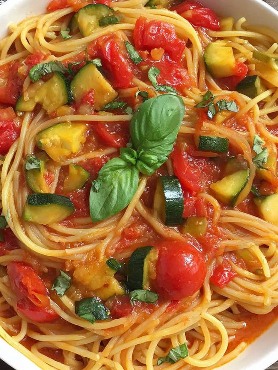 A plate of spaghetti with tomatoes and basil.