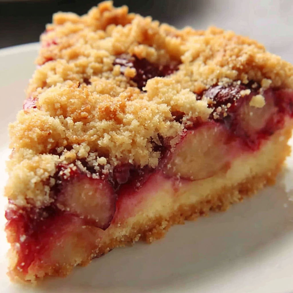 A slice of pflaumenkuchen with streuseln.