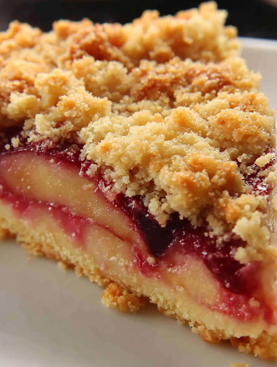 A slice of pie with a crumb topping.
