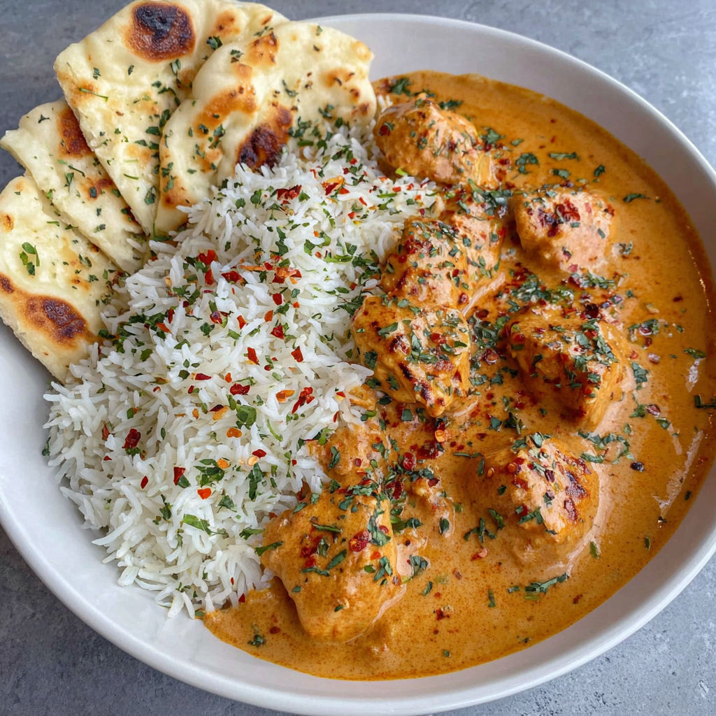 A plate of food with rice, chicken, and naan.