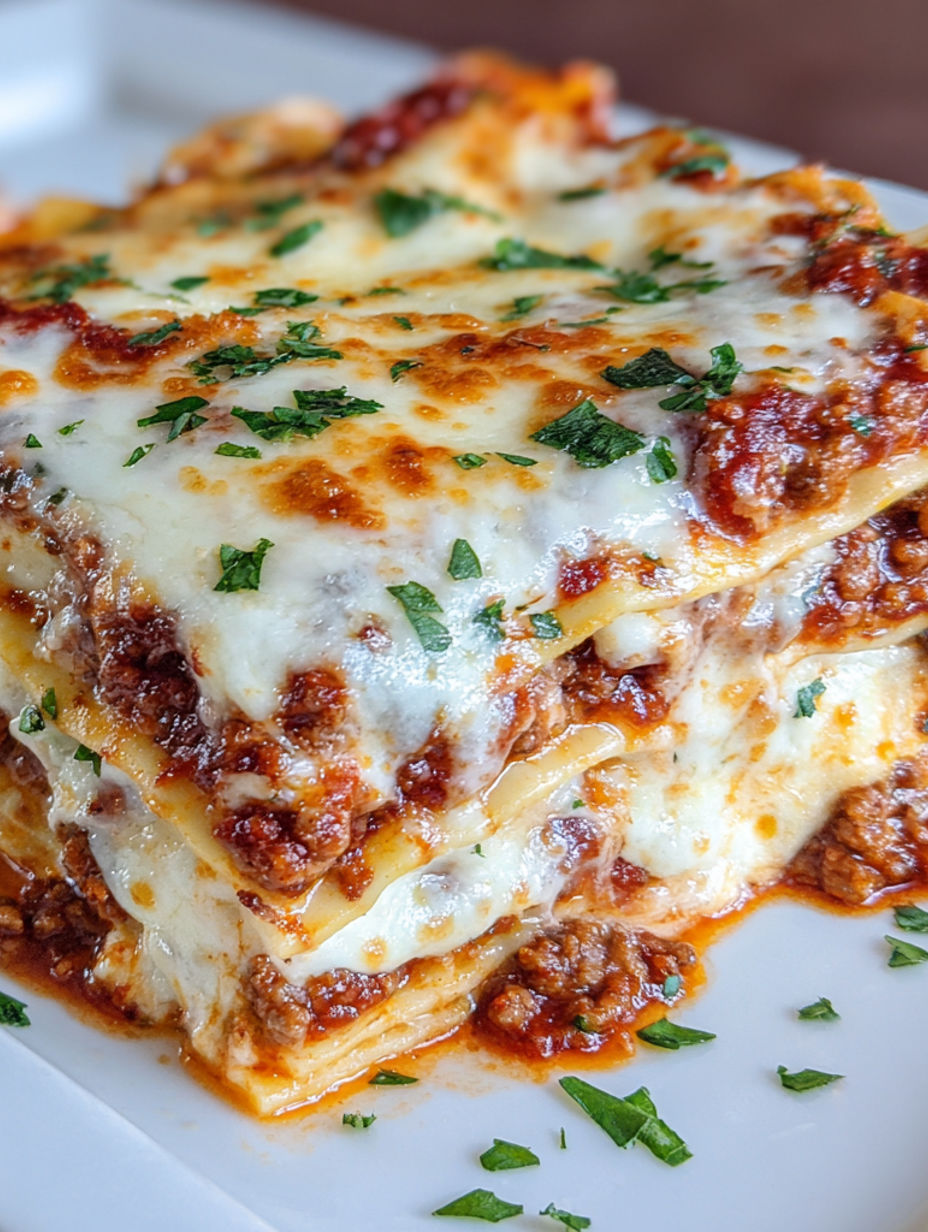 A close up of a lasagna with cheese and sauce.