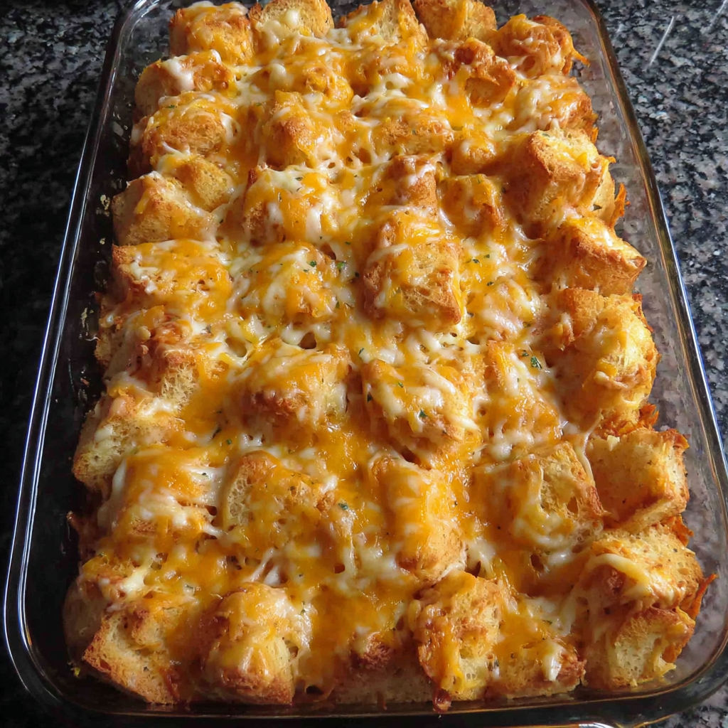 A tater tot casserole in a glass dish.