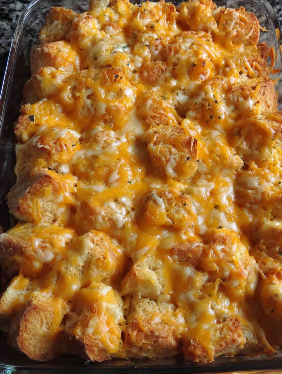 A baked dish with cheese and bread.
