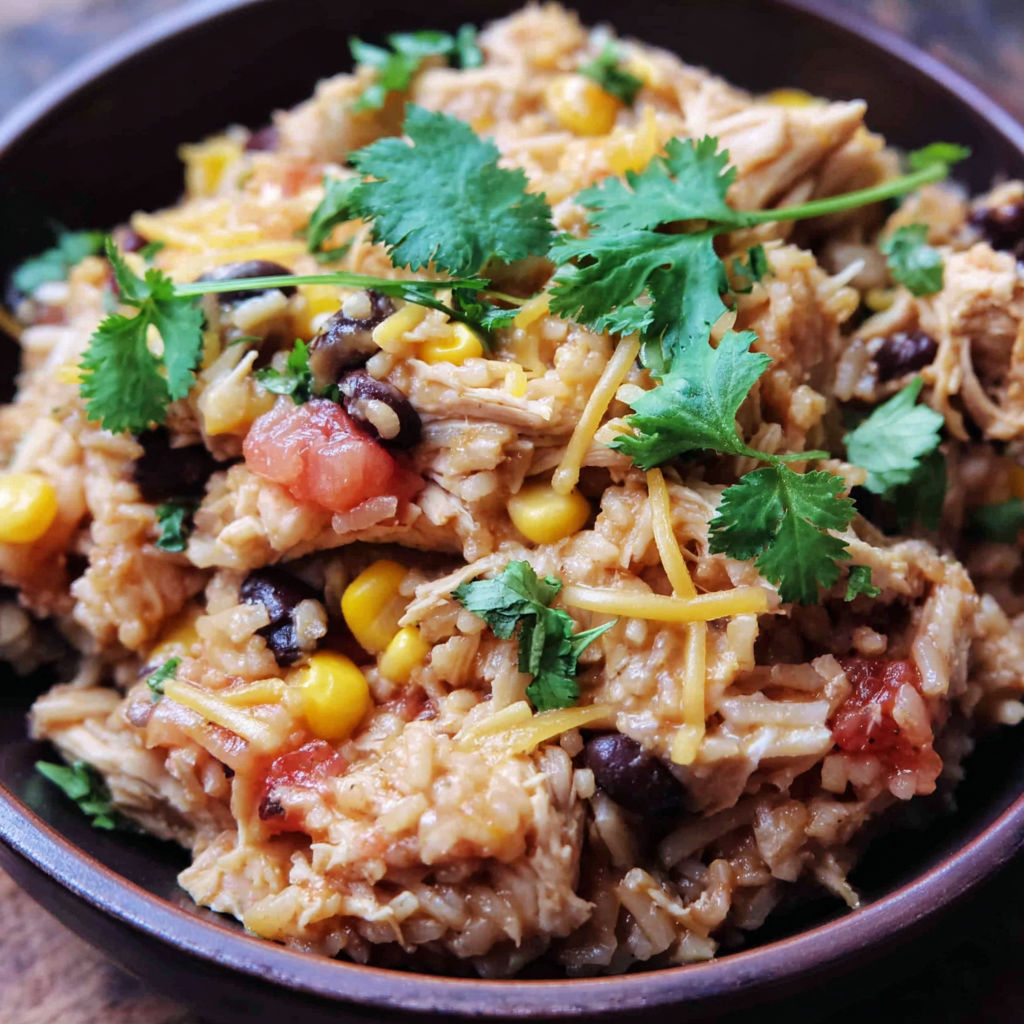 A bowl of rice with chicken and vegetables.