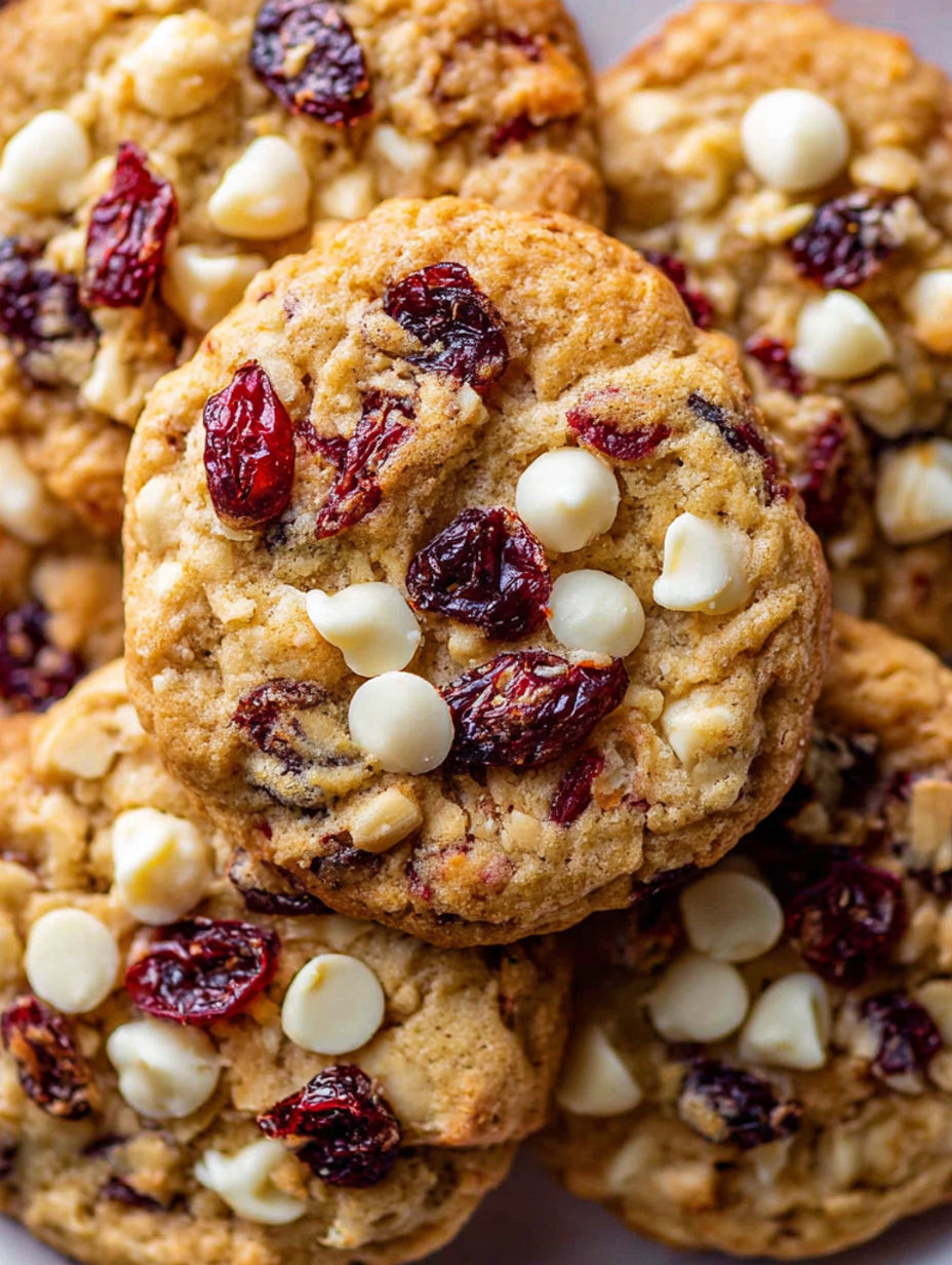 A cookie with white chocolate chips and red fruit.