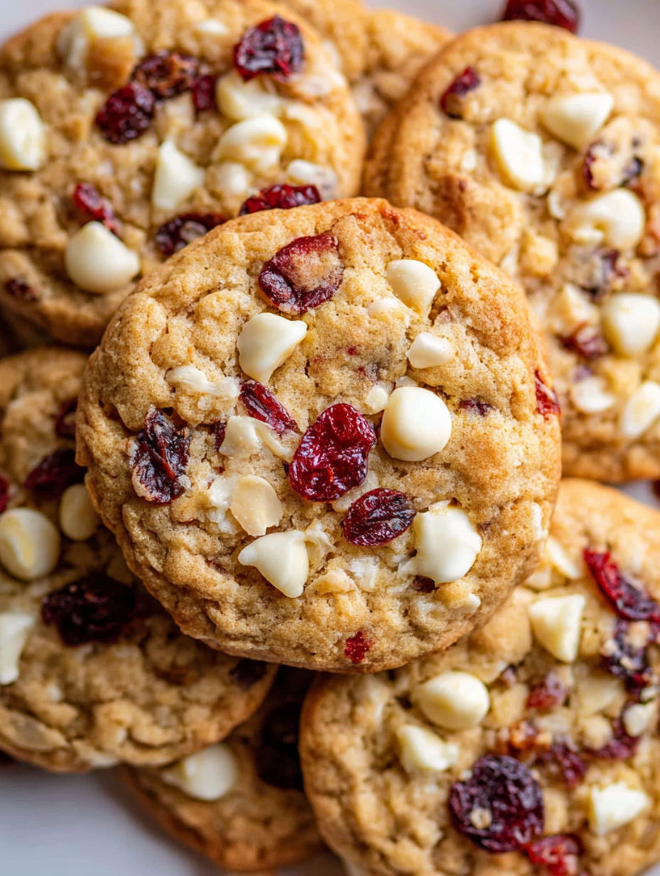 A close up of a cookie with white and red toppings.