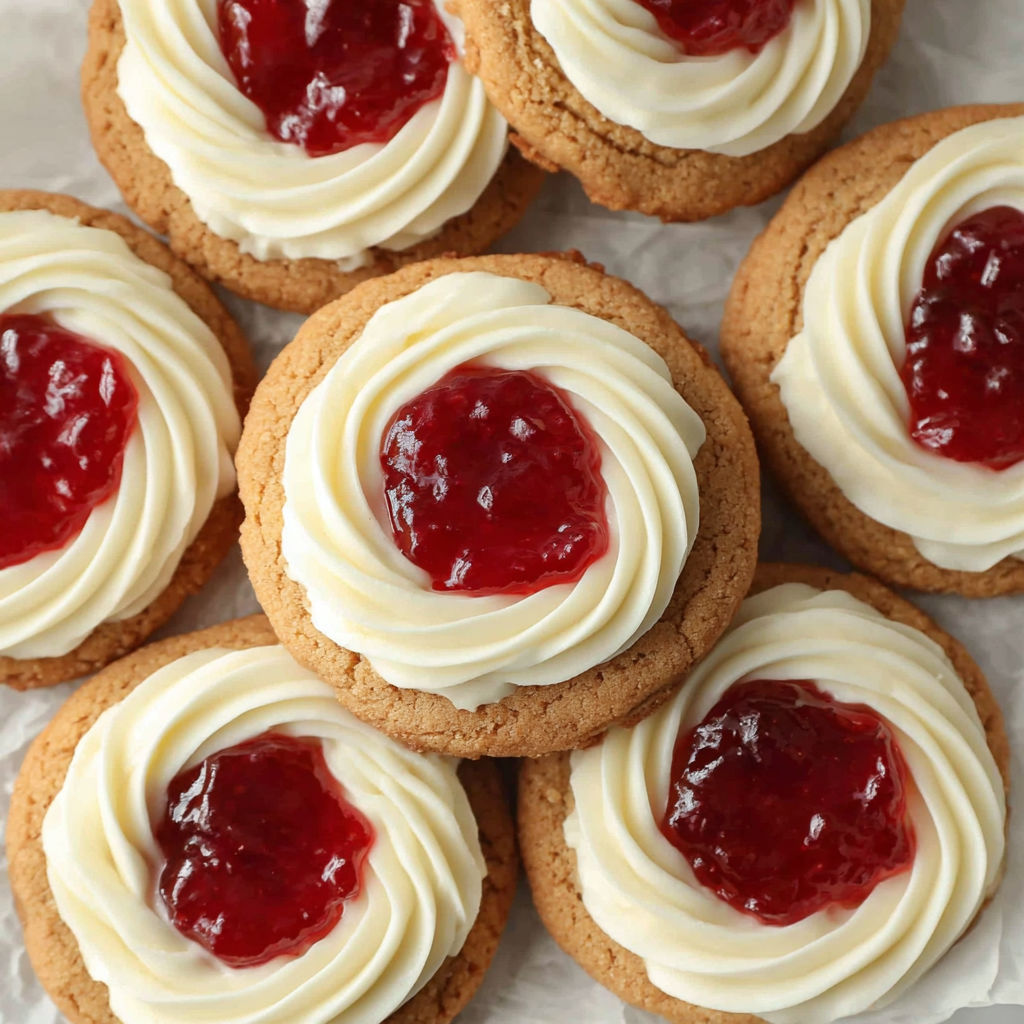 A plate of cookies with red jam in the center.