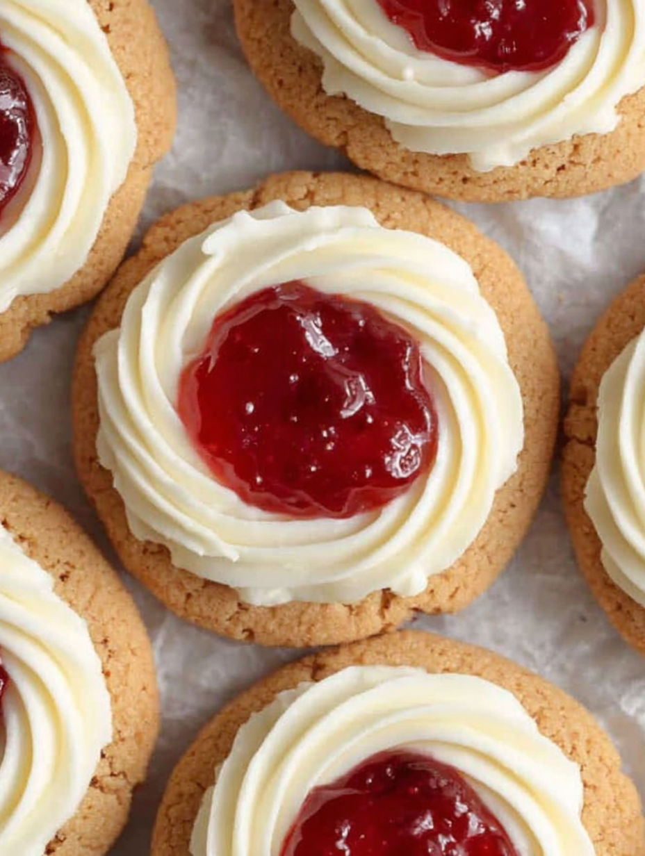 A plate of cookies with white frosting and red jam.