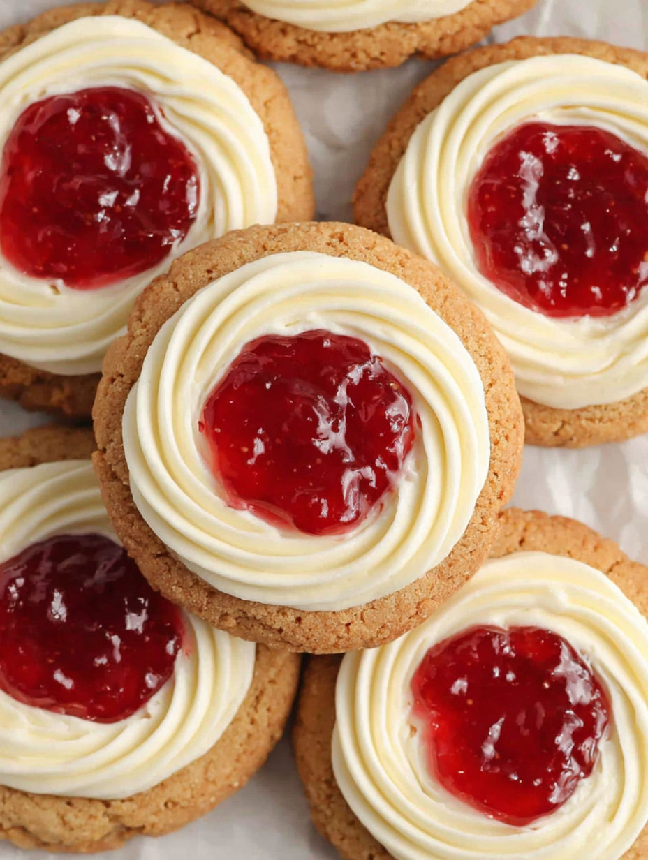 A plate of cookies with red jam in the middle.