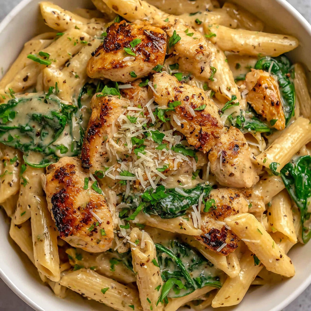 A bowl of pasta with chicken and parmesan cheese.
