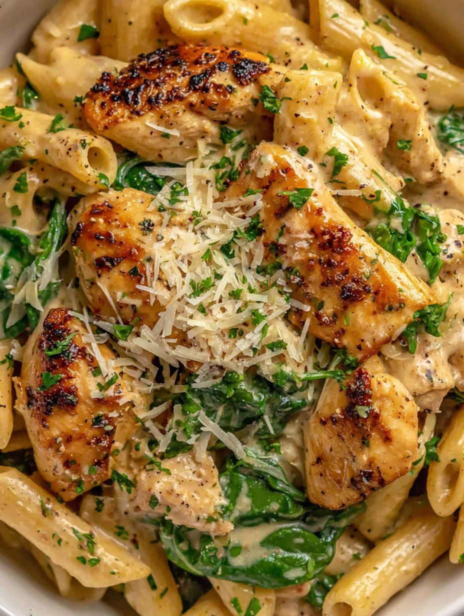 A plate of pasta with chicken and cheese.