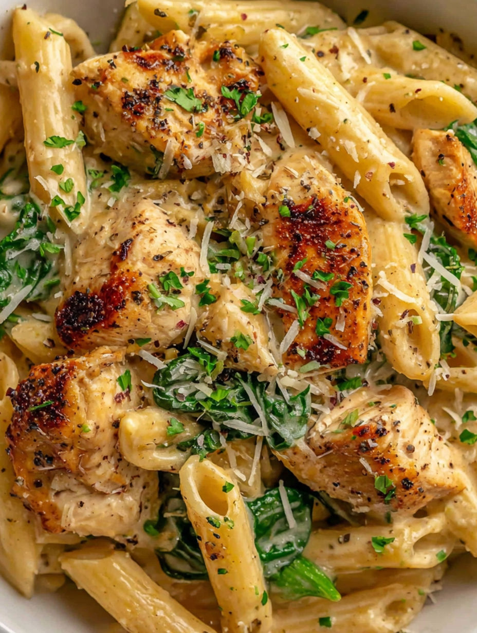 A plate of chicken, pasta, and parmesan cheese.