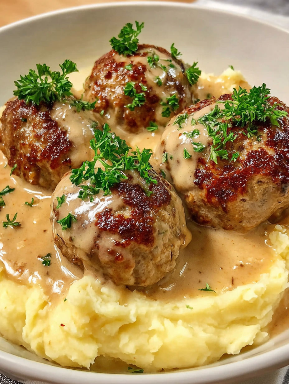 A plate of food with meatballs and mashed potatoes.