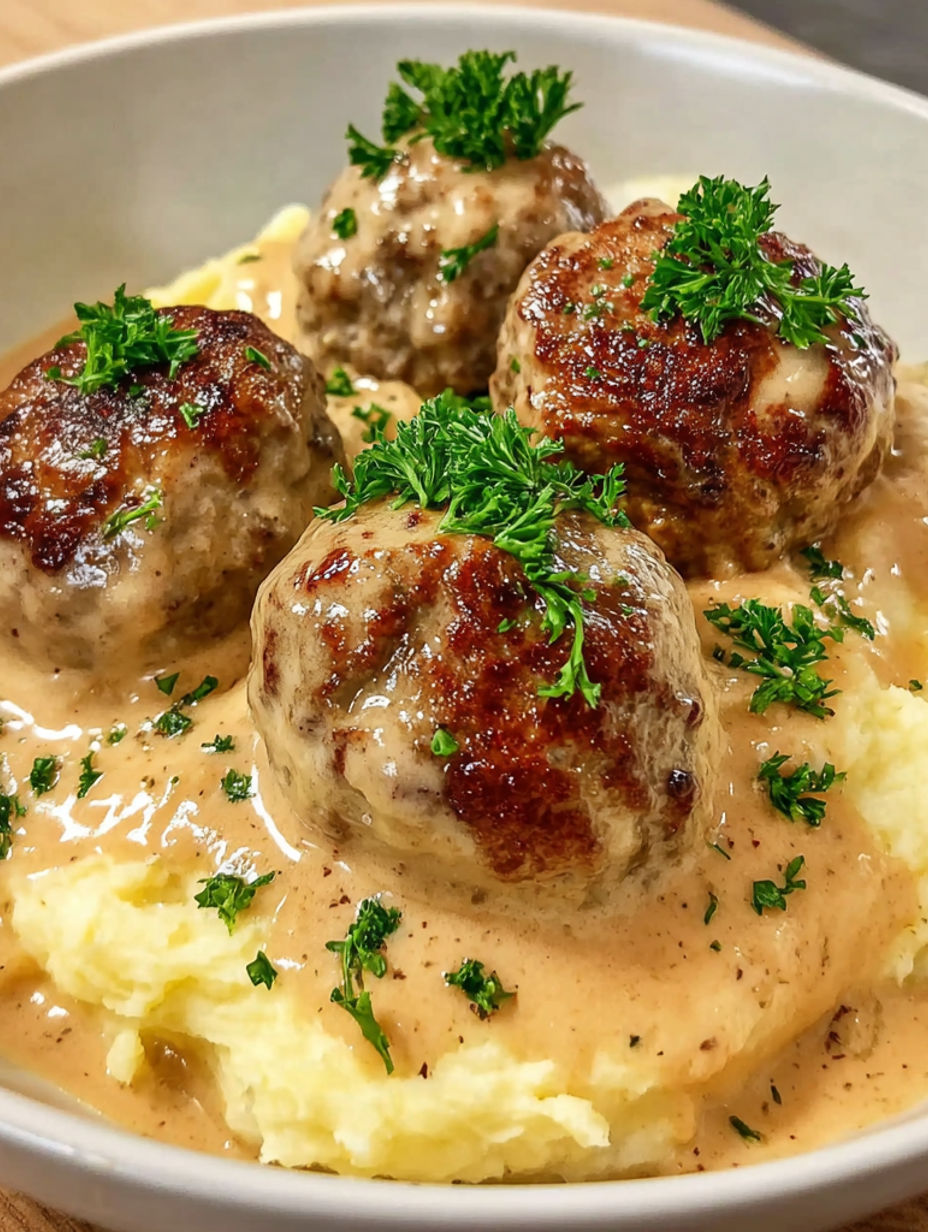 A plate of food with meatballs and mashed potatoes.