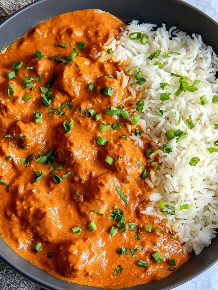 A bowl of Indian food with rice and meat.