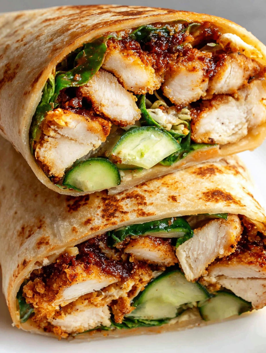 A wrap with chicken and vegetables.