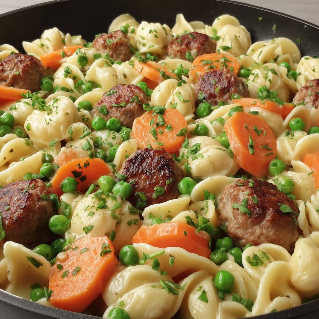 A plate of pasta with meatballs and carrots.