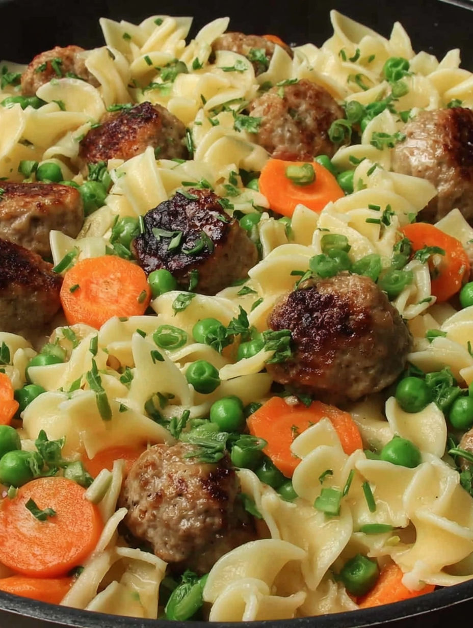 A plate of food with pasta, meatballs, and carrots.