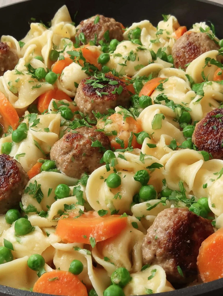A plate of pasta with meatballs and peas.