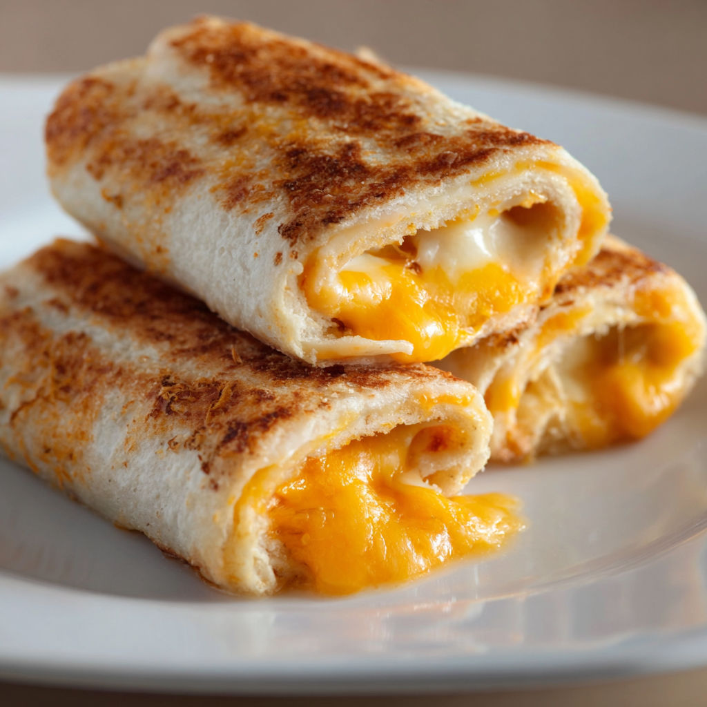 Two grilled cheese roll-ups on a plate.