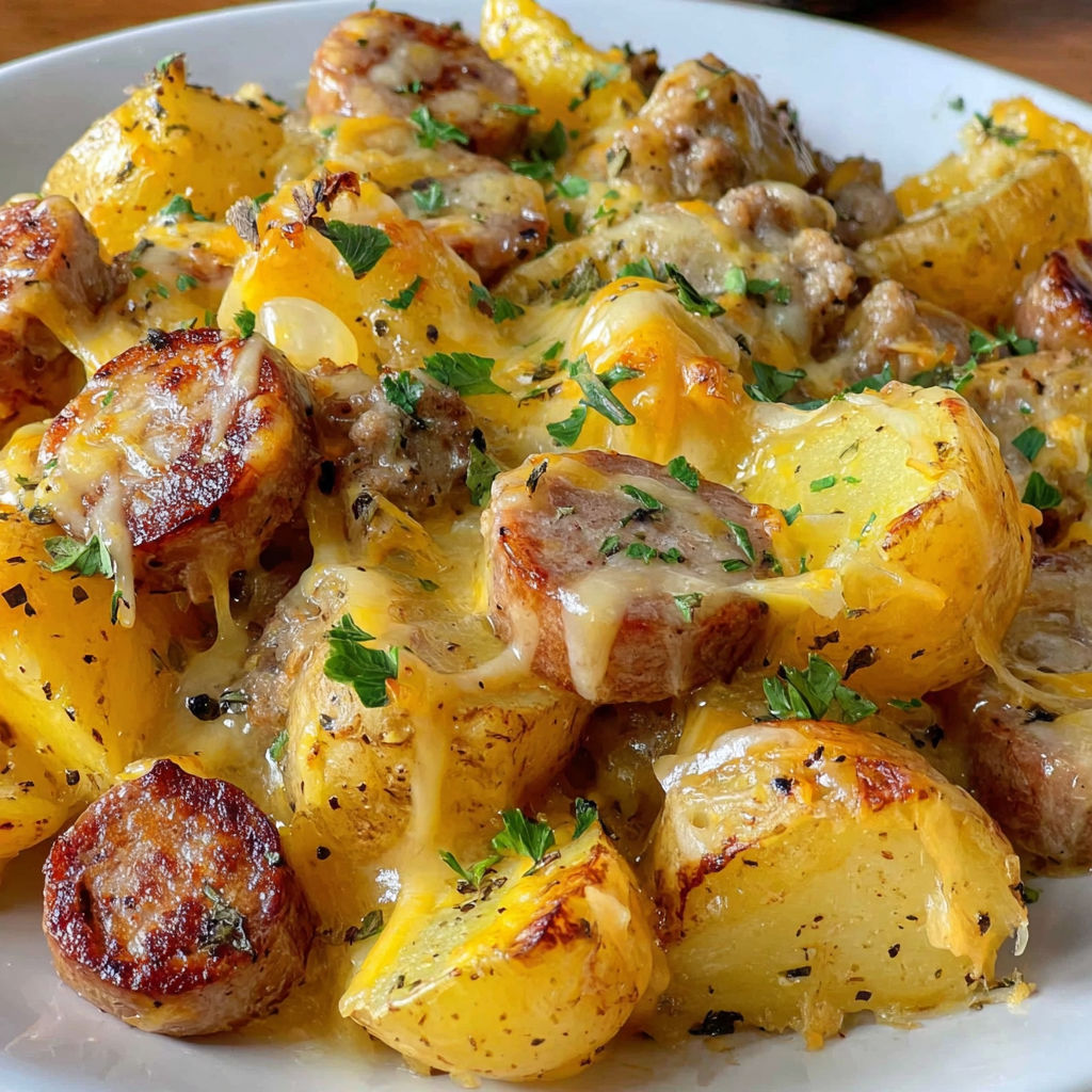 A plate of cheesy ranch potatoes and sausage.