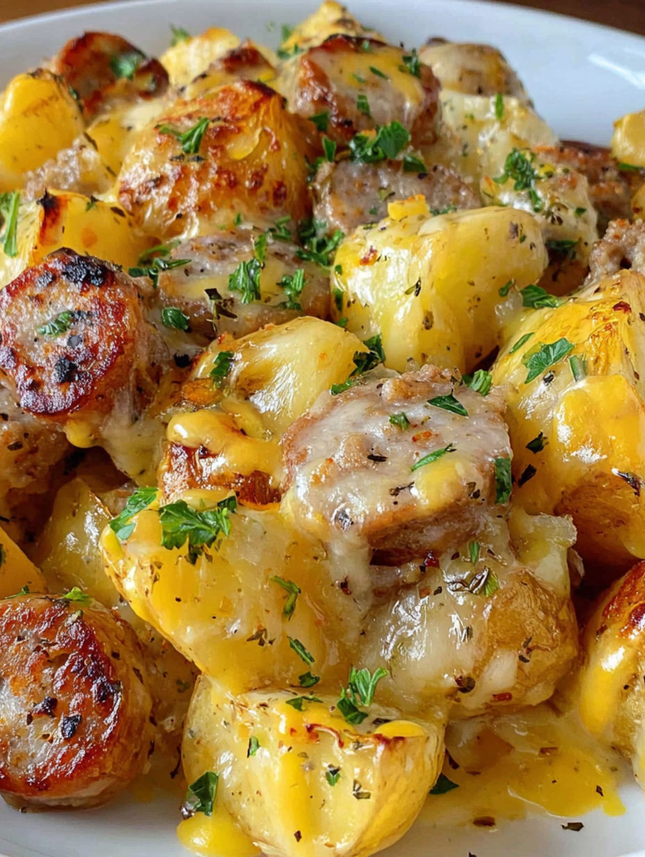 A plate of food with sausage, potatoes, and cheese.