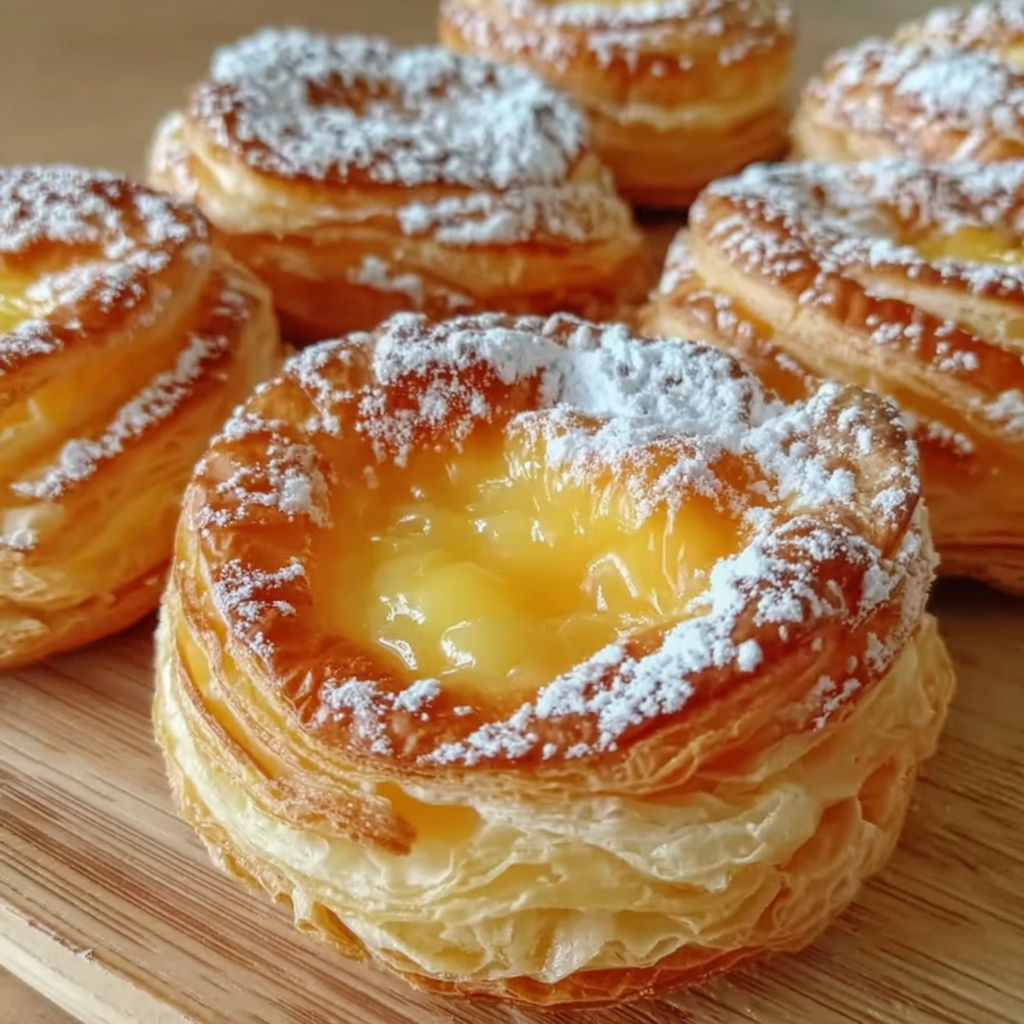 Peach Pie Cruffins on a wooden table.