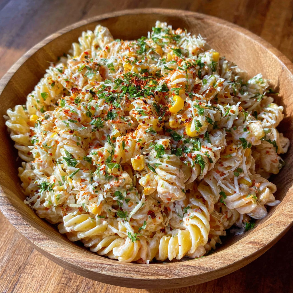 A bowl of pasta salad with corn and cheese.