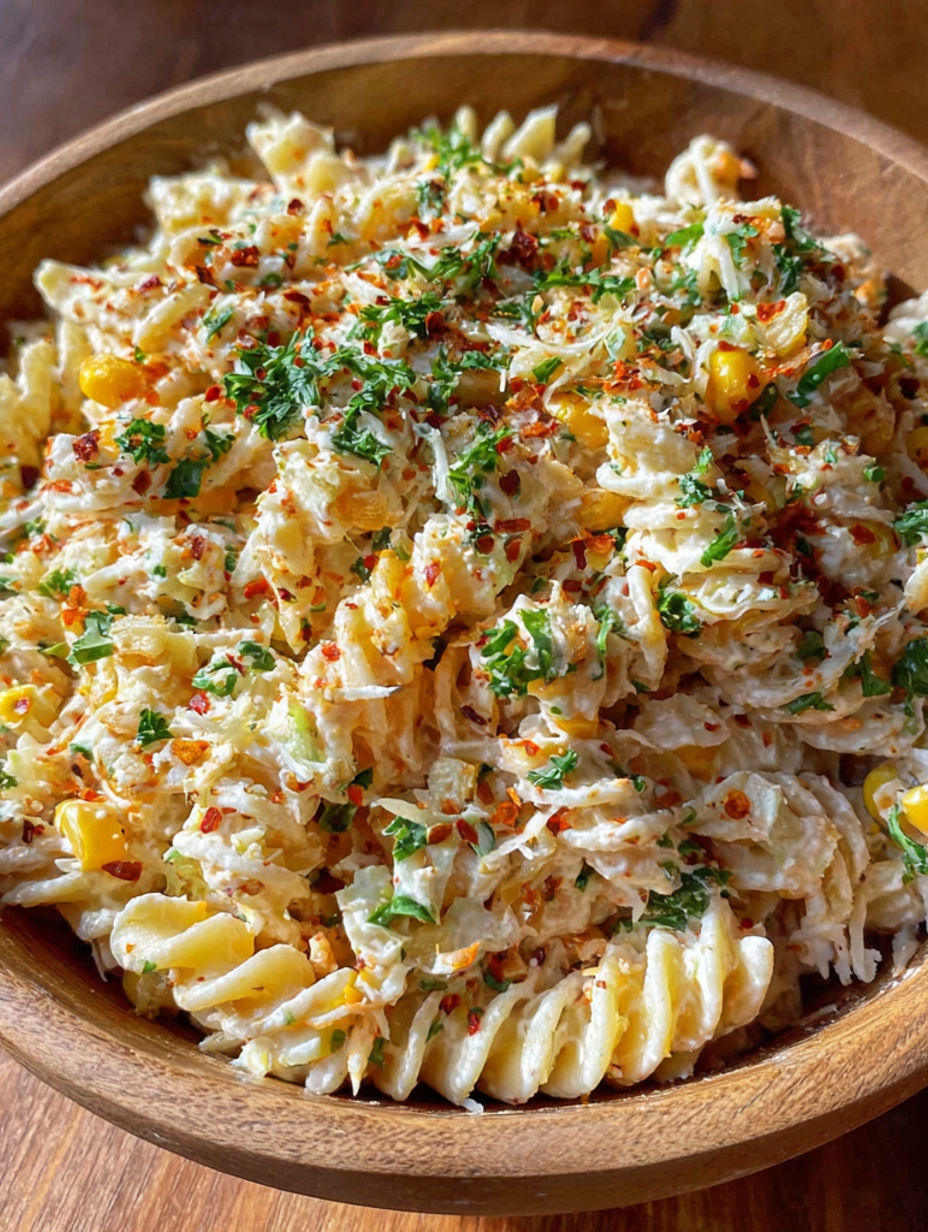 A bowl of pasta salad with corn.
